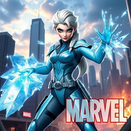 Elsa from Frozen reimagined as a Marvel superhero, wearing a sleek, high-tech superhero suit in her signature icy blue color with futuristic, armored details