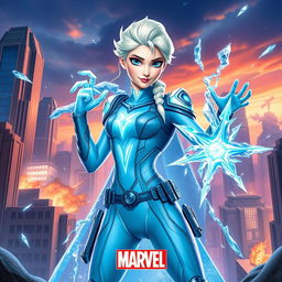 Elsa from Frozen reimagined as a Marvel superhero, wearing a sleek, high-tech superhero suit in her signature icy blue color with futuristic, armored details