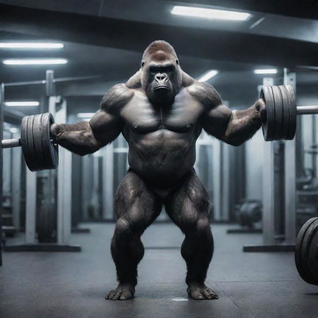 A muscular, sci-fi themed gorilla lifting weights in a futuristic gym setting.