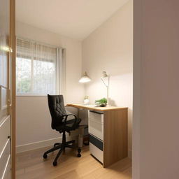 A small 13ft x 8ft bedroom with an organized study table against the wall maximising the space, with soft lighting and comfortable furnishings.