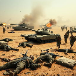 An intense war scene set in a deserted land ravaged by conflict