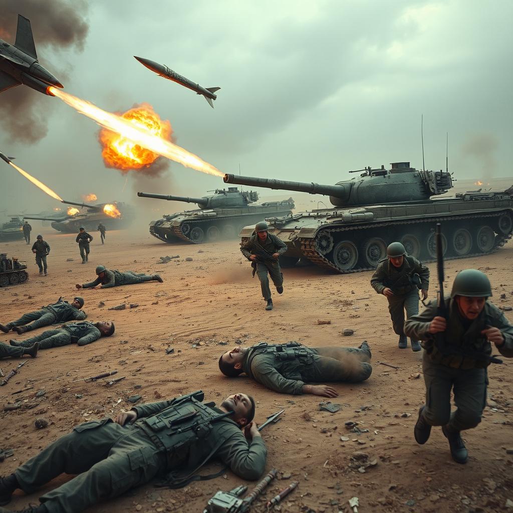 An intense war scene set in a deserted land ravaged by conflict