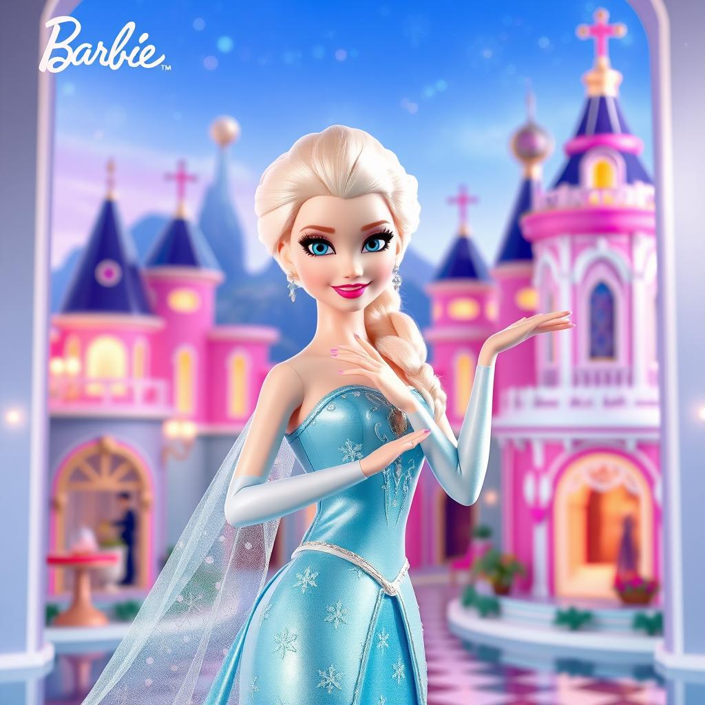 Elsa from Frozen in a Barbie-themed film, wearing an elegant, modern outfit with icy blue tones and glamorous contemporary fashion details