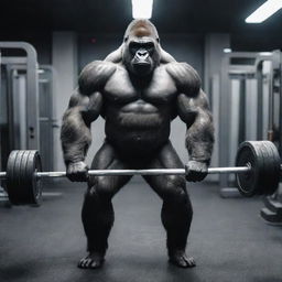 A muscular, sci-fi themed gorilla lifting weights in a futuristic gym setting.