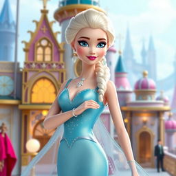 Elsa from Frozen in a Barbie-themed film, wearing an elegant, modern outfit with icy blue tones and glamorous contemporary fashion details