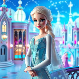 Elsa from Frozen in a Barbie-themed film, wearing an elegant, modern outfit with icy blue tones and glamorous contemporary fashion details