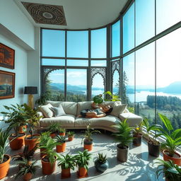 A living room with a futuristic design, filled with potted ferns of various sizes and designs on the floor