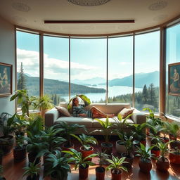 A living room with a futuristic design, filled with potted ferns of various sizes and designs on the floor