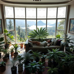 A living room with a futuristic design, filled with potted ferns of various sizes and designs on the floor