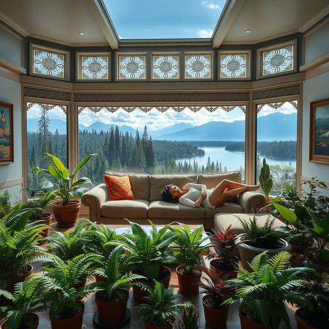 A living room with a futuristic design, filled with potted ferns of various sizes and designs on the floor