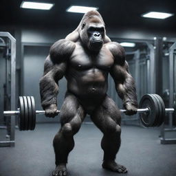 A muscular, sci-fi themed gorilla lifting weights in a futuristic gym setting.