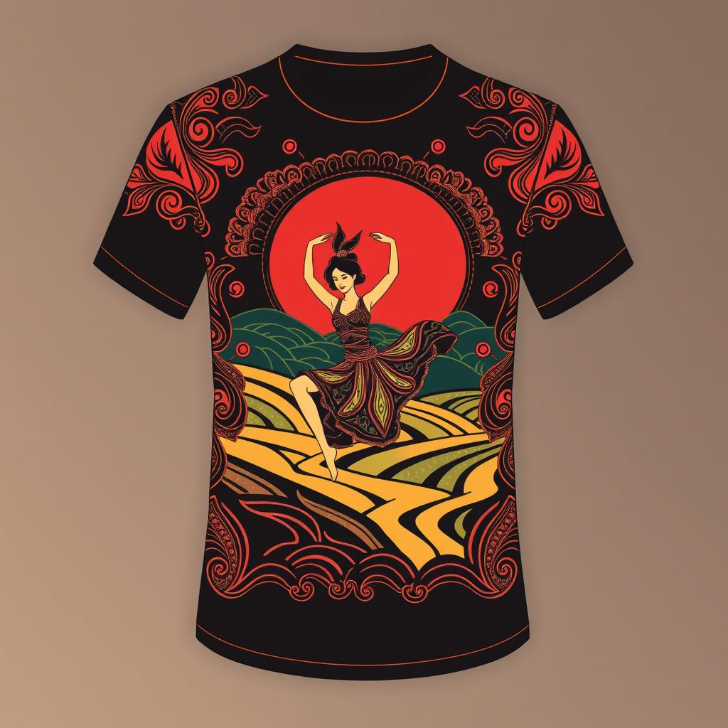 A fashionable and unique t-shirt design for a traditional 'Sinoman Cetkrik' dance practitioner, incorporating intricate traditional Indonesian batik patterns, dynamic dance poses, and vibrant color schemes inspired by Javanese culture