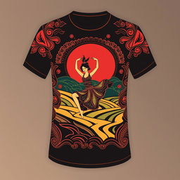 A fashionable and unique t-shirt design for a traditional 'Sinoman Cetkrik' dance practitioner, incorporating intricate traditional Indonesian batik patterns, dynamic dance poses, and vibrant color schemes inspired by Javanese culture