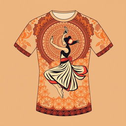 A fashionable and unique t-shirt design for a traditional 'Sinoman Cetkrik' dance practitioner, incorporating intricate traditional Indonesian batik patterns, dynamic dance poses, and vibrant color schemes inspired by Javanese culture