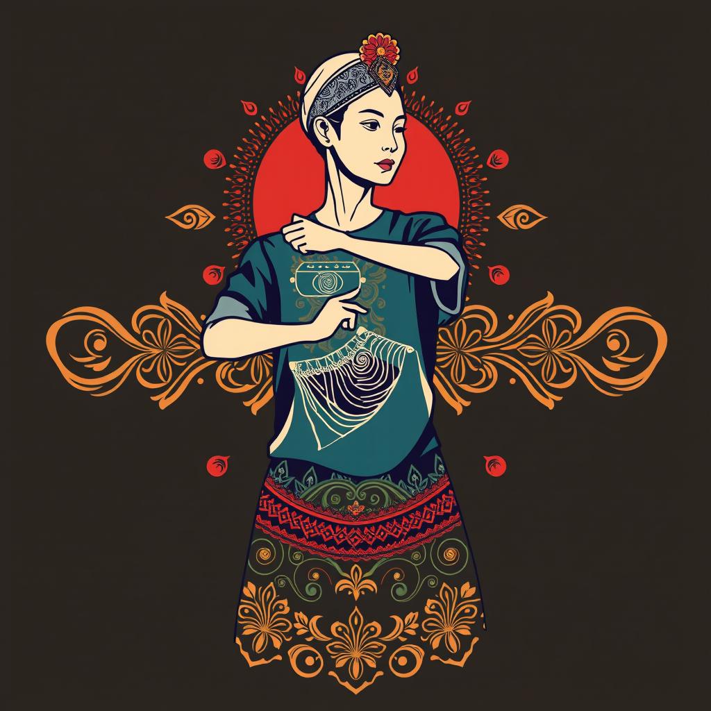 A fashionable and unique t-shirt design for a traditional 'Sinoman Cetkrik' dance practitioner, incorporating intricate traditional Indonesian batik patterns, dynamic dance poses, and vibrant color schemes inspired by Javanese culture