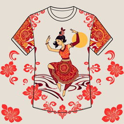 A fashionable and unique t-shirt design for a traditional 'Sinoman Cetkrik' dance practitioner, incorporating intricate traditional Indonesian batik patterns, dynamic dance poses, and vibrant color schemes inspired by Javanese culture