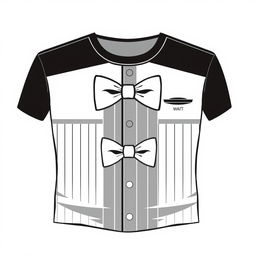 A stylish and elegant t-shirt design for a waiter, featuring classic and sophisticated elements such as a minimalist bowtie graphic, subtle pinstripe patterns, and a refined color palette including black, white, and grey