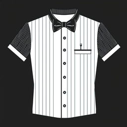 A stylish and elegant t-shirt design for a waiter, featuring classic and sophisticated elements such as a minimalist bowtie graphic, subtle pinstripe patterns, and a refined color palette including black, white, and grey