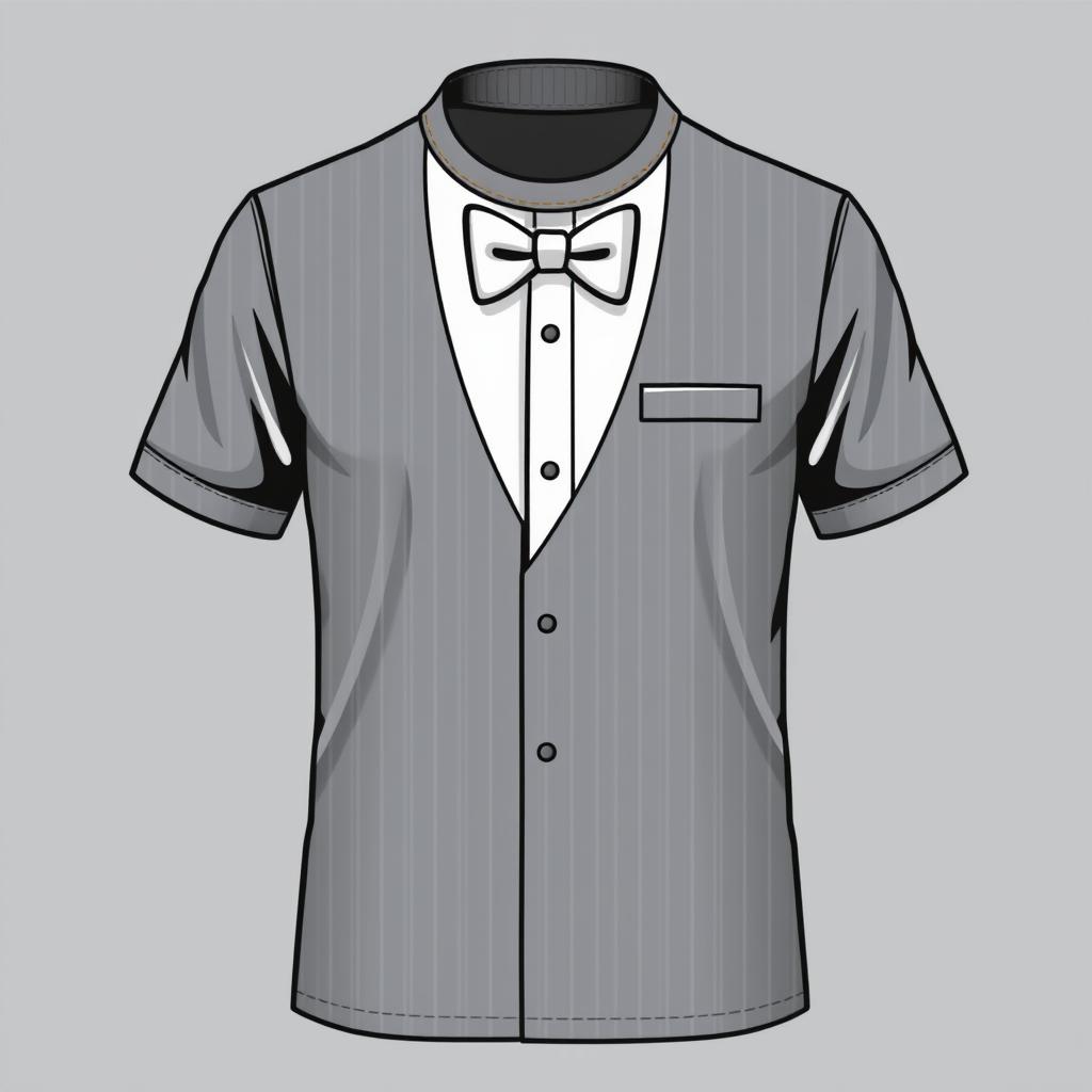 A stylish and elegant t-shirt design for a waiter, featuring classic and sophisticated elements such as a minimalist bowtie graphic, subtle pinstripe patterns, and a refined color palette including black, white, and grey