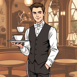 A stylish and trendy t-shirt design featuring a charming and elegant waiter