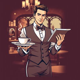 A stylish and trendy t-shirt design featuring a charming and elegant waiter