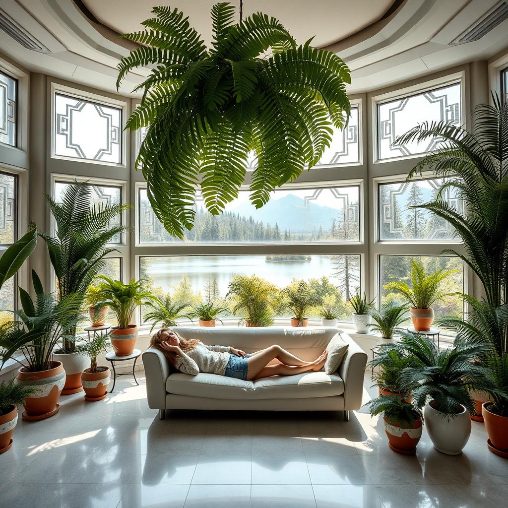 A living room with a futuristic design, filled with large potted ferns of various sizes and designs, arranged along the walls