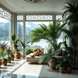 A living room with a futuristic design, filled with large potted ferns of various sizes and designs, arranged along the walls