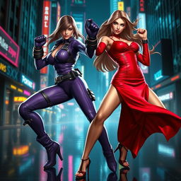 Nina Williams and Anna Williams from the Tekken series, portrayed in a dynamic action pose