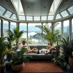 A living room with a futuristic design, filled with large potted ferns of various sizes and designs, arranged along the walls