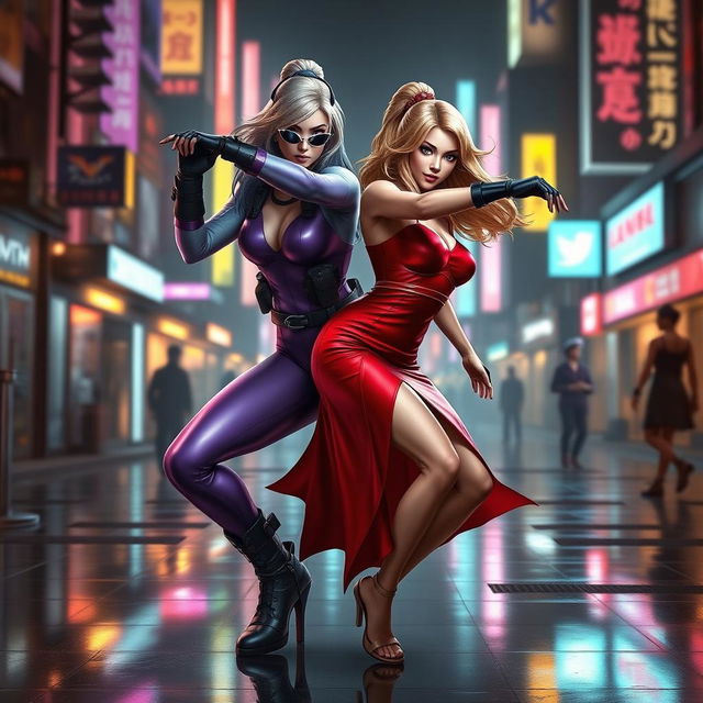 Nina Williams and Anna Williams from the Tekken series, portrayed in a dynamic action pose