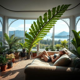 A living room with a futuristic design, filled with large potted ferns of various sizes and designs, arranged along the walls and on different height stands