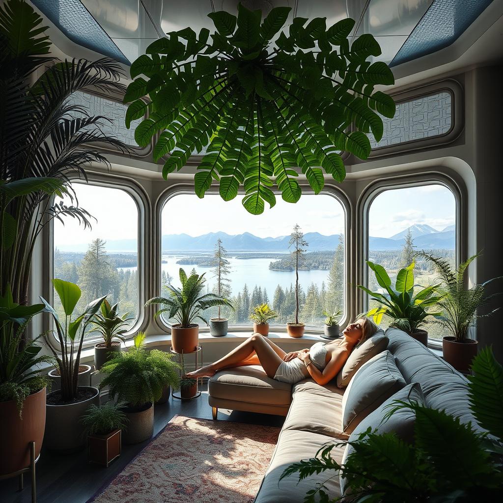 A living room with a futuristic design, filled with large potted ferns of various sizes and designs, arranged along the walls and on different height stands