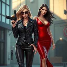 Nina Williams from the Tekken series, embodying a high-stakes spy aesthetic in a sleek black leather jacket and matching leather pants