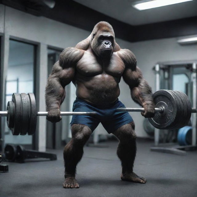 A muscular, sci-fi themed gorilla lifting weights in a futuristic gym, outfitted in rugby shorts.