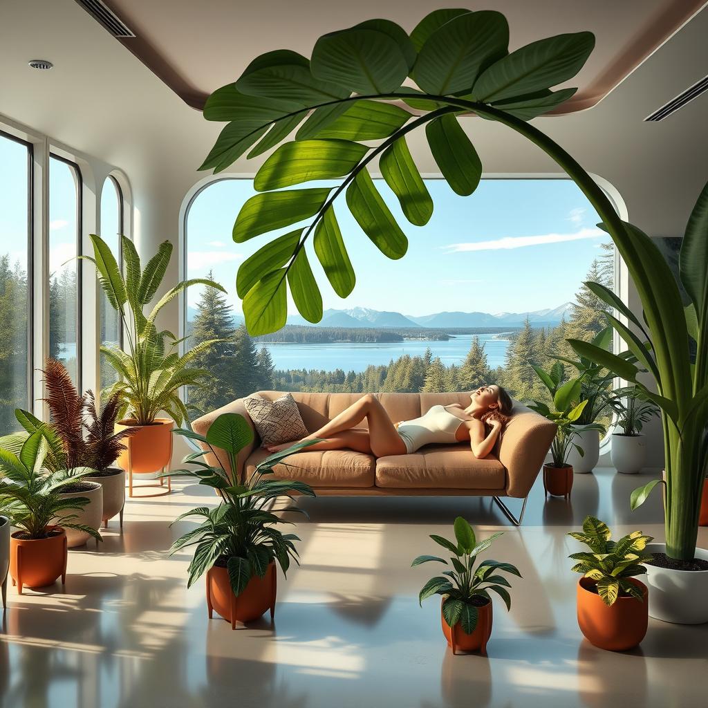 A photorealistic and artistic depiction of a living room with a futuristic design, filled with large potted ferns of various sizes and designs, arranged both on the floor and on stands at different heights along the walls