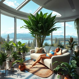 A photorealistic and artistic depiction of a living room with a futuristic design, filled with large potted ferns of various sizes and designs, arranged both on the floor and on stands at different heights along the walls