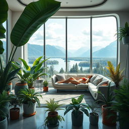 A photorealistic and artistic depiction of a living room with a futuristic design, filled with large potted ferns of various sizes and designs, arranged both on the floor and on stands at different heights along the walls