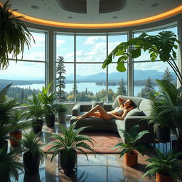 A photorealistic and artistic depiction of a living room with a futuristic design, filled with large potted ferns of various sizes and designs, arranged both on the floor and on stands at different heights along the walls