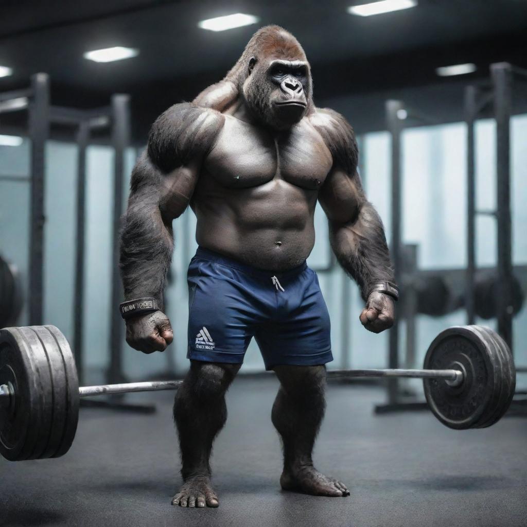 A slim, muscular, sci-fi themed gorilla lifting weights in a futuristic gym, dressed in rugby shorts.