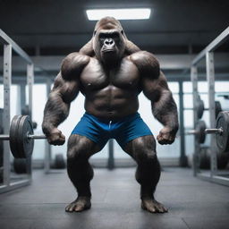 A slim, muscular, sci-fi themed gorilla lifting weights in a futuristic gym, dressed in rugby shorts.