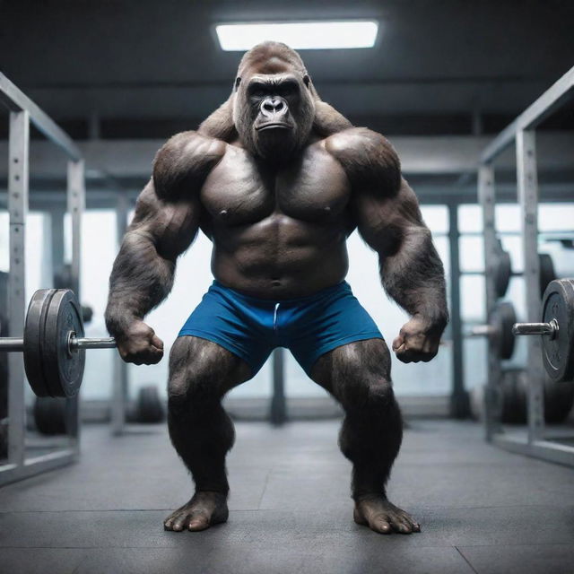 A slim, muscular, sci-fi themed gorilla lifting weights in a futuristic gym, dressed in rugby shorts.