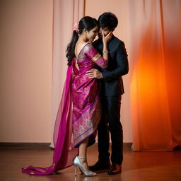 A romantic and intimate setting featuring a Thai woman wearing a traditional Mekhela Chadar, showcasing its beautiful patterns and colors, combined with modern high heels