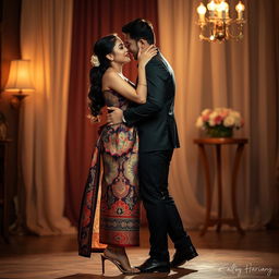 A romantic and intimate setting featuring a Thai woman wearing a traditional Mekhela Chadar, showcasing its beautiful patterns and colors, combined with modern high heels