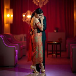 A romantic and intimate setting featuring a Thai woman wearing a traditional Mekhela Chadar, showcasing its beautiful patterns and colors, combined with modern high heels