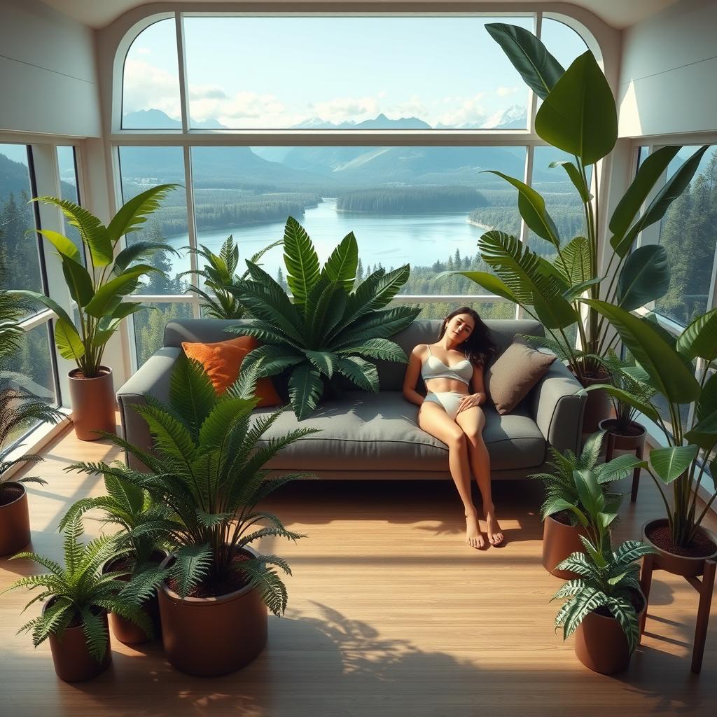 A photorealistic and artistic depiction of a living room with a futuristic design, filled with large potted ferns of various sizes and designs, arranged in groups on both sides of a couch while being on the floor and diverse height stands along the walls