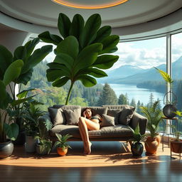 A photorealistic and artistic depiction of a living room with a futuristic design, filled with large potted ferns of various sizes and designs, arranged in groups on both sides of a couch while being on the floor and diverse height stands along the walls