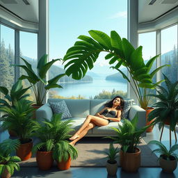 A photorealistic and artistic depiction of a living room with a futuristic design, filled with large potted ferns of various sizes and designs, arranged in groups on both sides of a couch while being on the floor and diverse height stands along the walls