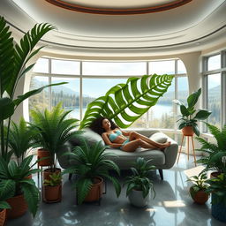 A photorealistic and artistic depiction of a living room with a futuristic design, filled with large potted ferns of various sizes and designs, arranged in groups on both sides of a couch while being on the floor and diverse height stands along the walls