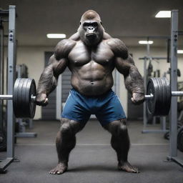 A slim, muscular, sci-fi themed gorilla lifting weights in a futuristic gym, dressed in rugby shorts.