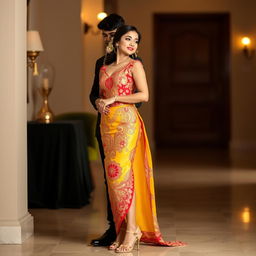 A romantic and stylish scene featuring a Thai woman wearing a vibrant Mekhela Chadar with intricate designs and high heels